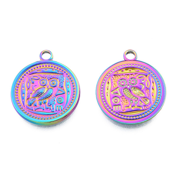 

PandaHall Ion Plating(IP) 201 Stainless Steel Pendants, Flat Round with Owl, Rainbow Color, 24x20.5x2mm, Hole: 2.5mm 201 Stainless Steel...