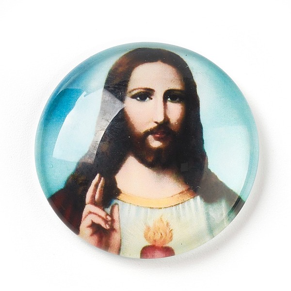 

PandaHall Glass Cabochons, Half Round/Dome with Jesus, For Easter, Colorful, 25x6~6.5mm Glass Half Round