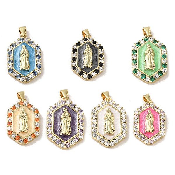 

PandaHall Rack Plating Brass Enamel Cubic Zirconia Pendants, Long-Lasting Plated, Lead Free & Cadmium Free, Real 18K Gold Plated, Hexagon..., Multicolor