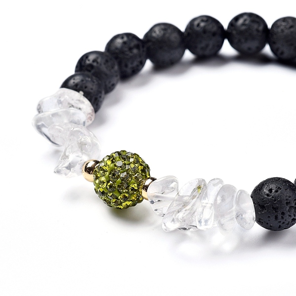 

PandaHall Stretch Bracelets, with Natural Lava Rock Round Beads & Quartz Crystal Chips Beads, Brass Beads and Rhinestone Pave Disco Ball..., Green
