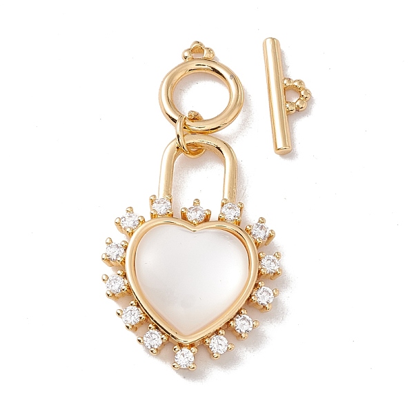 

PandaHall Heart Brass Clear Cubic Zirconia Toggle Clasps, with White Shell , Golden, 45mm, Heart: 26.5x19x5.7mm, Round Clasp: 11.5x9x1.5mm...