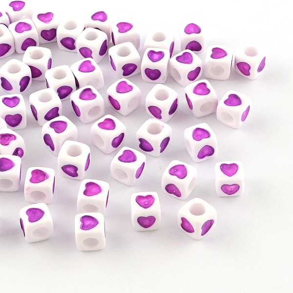 

PandaHall Opaque Acrylic European Beads, Large Hole Cube Beads, with Heart Pattern, Magenta, 7x7x7mm, Hole: 4mm, about 1900pcs/500g Acrylic..., Pink