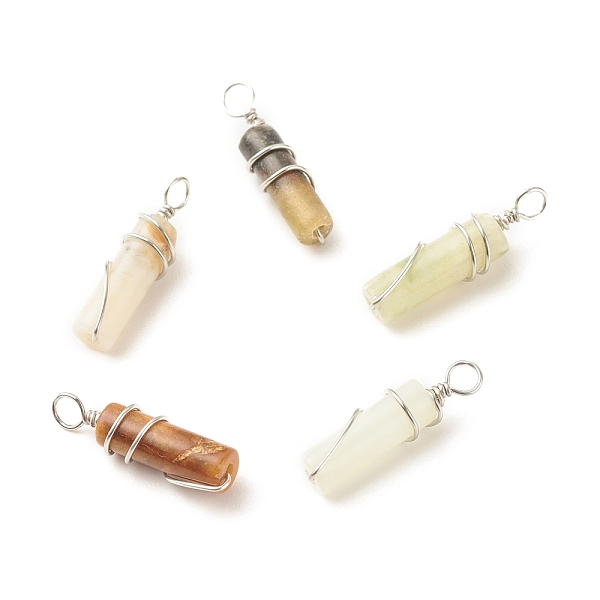 

PandaHall Natural Jade Pendants, with Platinum Plated Eco-Friendly Brass Wire Wrapped, Column, 19.5~20x5~5.5mm, Hole: 2.4~2.7mm Jade Column