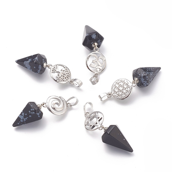 

PandaHall Natural Snowflake Obsidian Pendants, with Platinum Brass Snap on Bails, Votex/Om Symbol/Tree of Life/Flower of Life/Star of David...