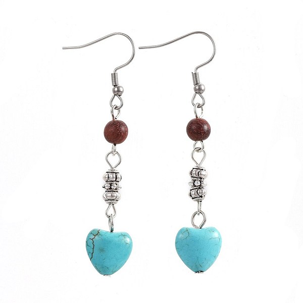 

PandaHall Synthetic Turquoise Dangle Earrings, with Natural Sandalwood and Alloy Beads, 304 Stainless Steel Earring Hooks, Heart, 61mm, Pin...