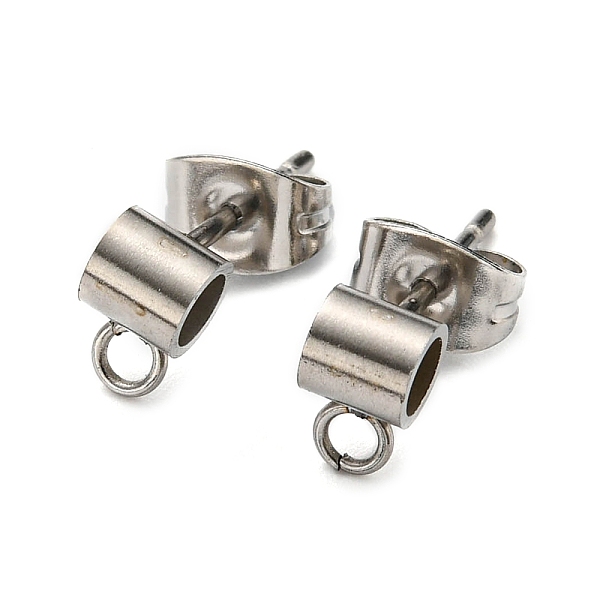 

PandaHall 201 Stainless Steel Stud Earring Findings, with 304 Stainless Steel Pin & Horizontal Loops & Friction Ear Nuts, Column Tube...