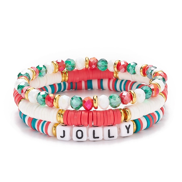 

PandaHall 3Pcs 3 Style Polymer Clay Heishi Surfer Stretch Bracelets Set with Word Jolly Acrylic Beads, Stackable Bracelets with Glass for..., Multicolor