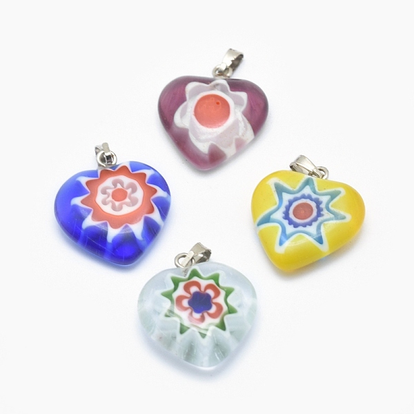 

PandaHall Handmade Millefiori Glass Pendants, Single Flower Design, with Brass Findings, Heart, Platinum, Mixed Color, 20x17~18x5~7mm, Hole..., Multicolor