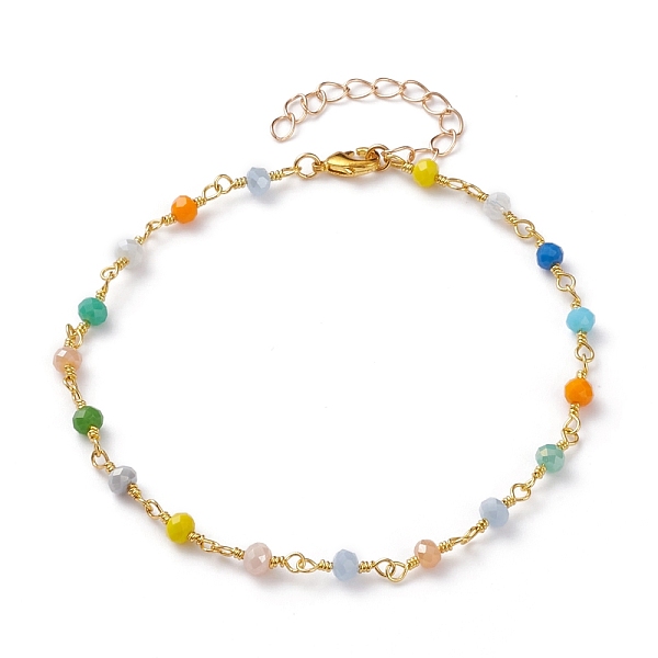 

PandaHall Glass Beads Anklets, with Brass Lobster Claw Clasps, Rondelle, Colorful, Golden, 9-1/8 inch(23cm) Glass
