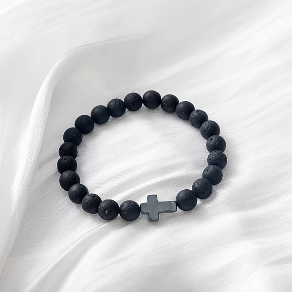 

PandaHall Natural Lava Rock & Cross Stretch Bracelet Lava Rock Cross