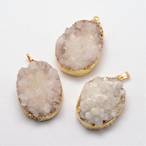 

PandaHall Electroplate Natural Druzy Quartz Crystal Pendants, Dyed, with Golden Plated Brass Finding, Drop, White, 32~62x20~35x16~29mm, Hole...