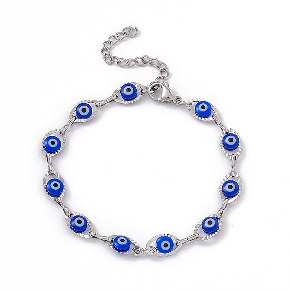 

PandaHall 304 Stainless Steel Horse Eye Link Chain Bracelet with Resin Evil Eye Beaded for Women, Blue, 6-7/8 inch(17.5cm) Resin Blue