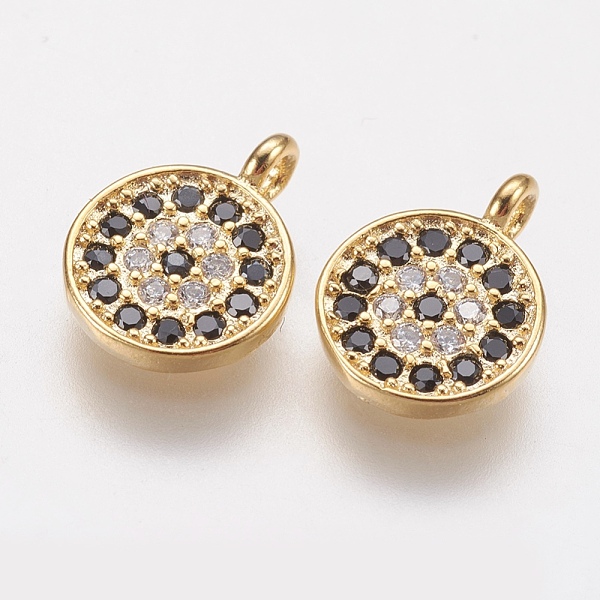 

PandaHall Brass Micro Pave Cubic Zirconia Charms, Flat Round, Black, Golden, 8x1.5mm, Hole: 1.5mm Brass+Cubic Zirconia Flat Round Black