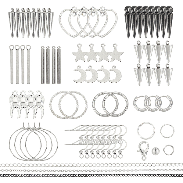

PandaHall arricraft 175 Pcs Punk Earring Necklace Making Kit, Stainless Steel Tooth & Star & Moon & Bar & Spike Cone Pendants, Iron Chains...
