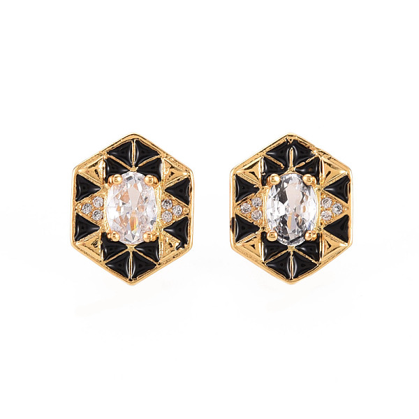 

PandaHall Brass Micro Pave Clear Cubic Zirconia Stud Earrings, with Enamel and Ear Nuts, Hexagon, Cadmium Free & Nickel Free & Lead Free..., Black
