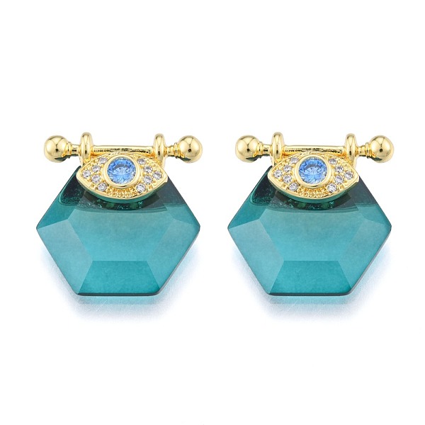 

PandaHall Brass Micro Pave Clear Cubic Zirconia Pendants, with Glass, Nickel Free, Real 18K Gold Plated, Hexagon with Eye, Medium Turquoise...