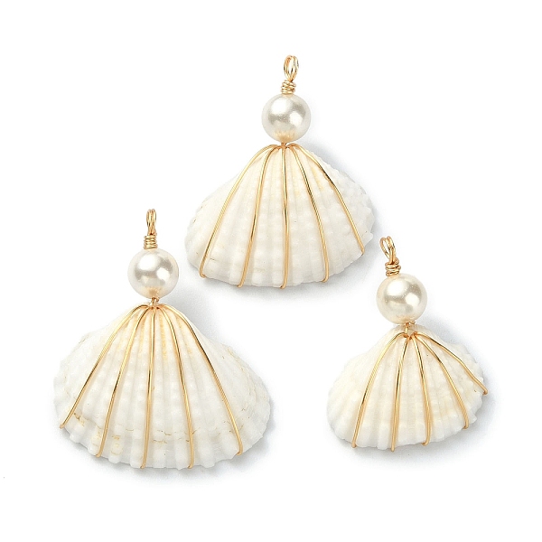 

PandaHall Natural Shell Copper Wire Wrapped Pendants, Shell Shaped Charms with Round Shell Pearl Beads, Light Gold, Floral White...