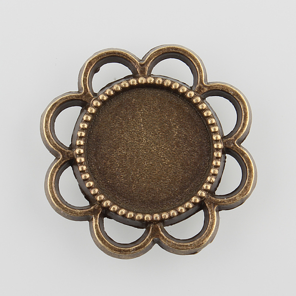 

PandaHall Flower Alloy Cabochon Settings, Cadmium Free & Nickel Free & Lead Free, Antique Bronze, Tray: 14mm, 24x2.5mm, about 260pcs/kg...