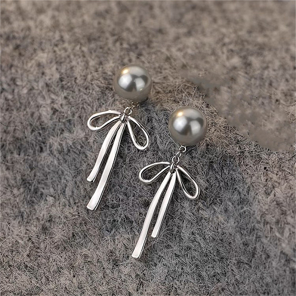 

PandaHall 999 Silver Grey Pearl Bowknot Dangle Earrings for Women Sterling Silver