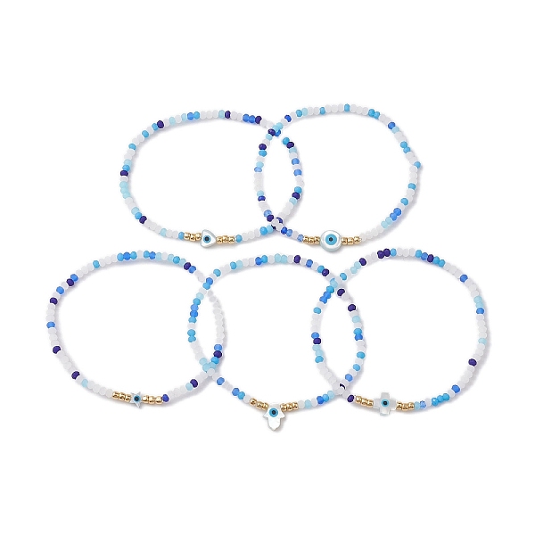 

PandaHall Frosted Glass Beaded Stretch Bracelets, Evil Eye Natural White Shell Link Bracelets for Women, Mixed Shapes, Inner Diameter: 2-3/8..., Blue