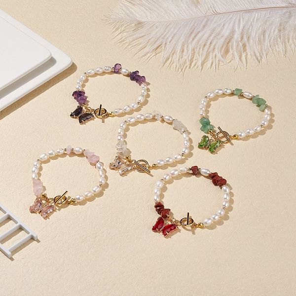 

PandaHall Glass Butterfly Charm Bracelet with Clear Cubic Zirconia, Natural Gemstone Chips & Pearl Beaded Bracelet for Women, 7-5/8 inch...