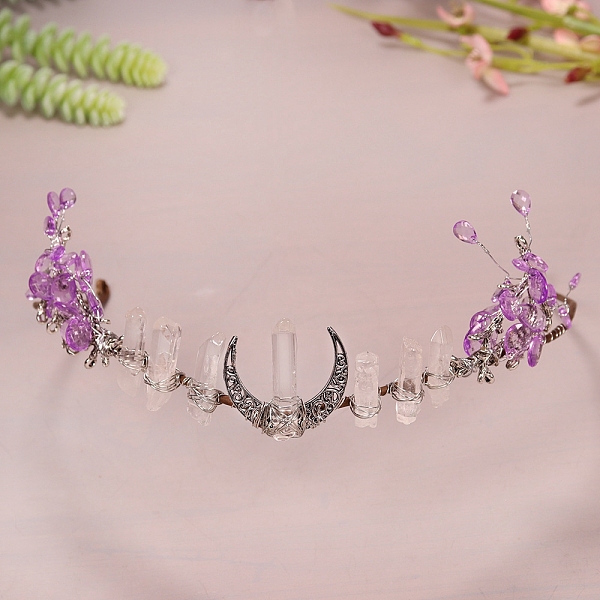 

PandaHall Moon Metal Hair Bands, Natural Quartz Wrapped Hair Hoop for Bridal Crown Hair Accessories, Purple, 450mm Quartz Moon Purple