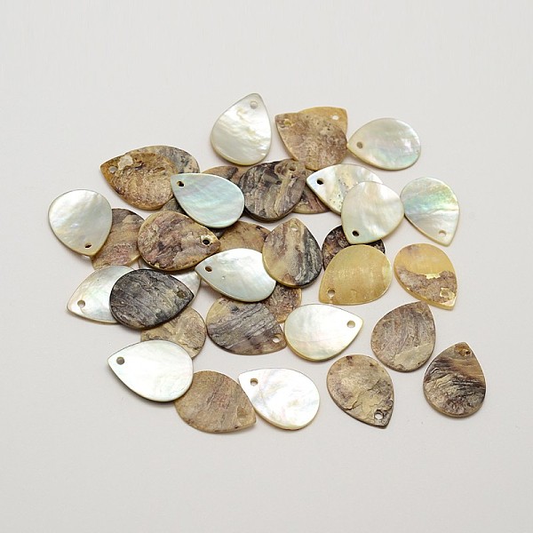 

PandaHall Flat Teardrop Natural Akoya Shell Charms, Mother of Pearl Shell Pendants, Tan, 15.5~16x12x1~1.5mm, Hole: 1mm, about 720pcs/bag..., Orange
