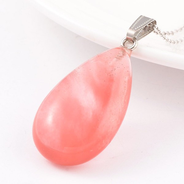 

PandaHall Teardrop Platinum Tone Brass Cherry Quartz Glass Pendants, 41~43x23~25x11~13mm, Hole: 5mm Watermelon Stone Teardrop