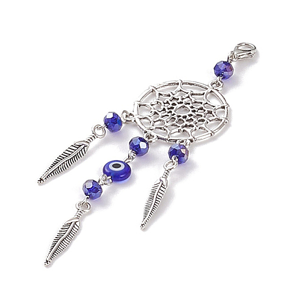 

PandaHall Woven Net/Web with Feather Tibetan Style Alloy Pendant Decorations, Evil Eye Lobster Clasp Charms, Clip-on Charms, for Keychain...