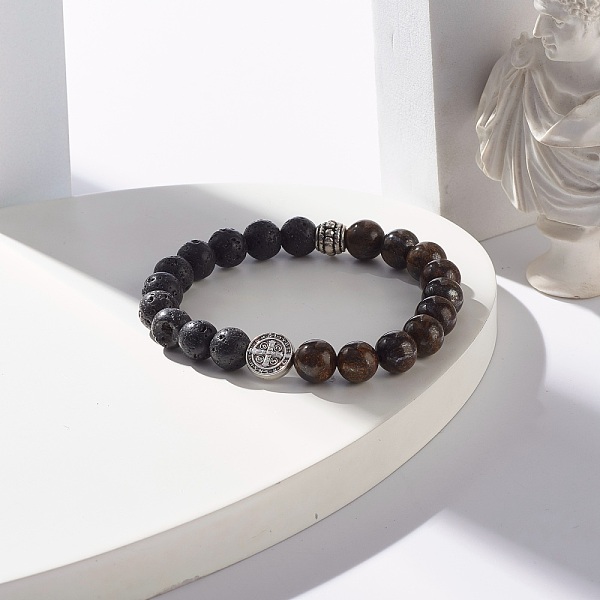 Natural Bronzite & Lava Rock Round Beads Stretch Bracelet