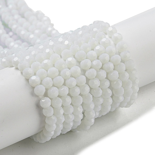 

PandaHall Opaque Glass Beads Stands, Faceted(32 Facets), Round, White, 4mm, Hole: 0.7mm, about 87~93pcs/strand, 32~33cm Glass Round White