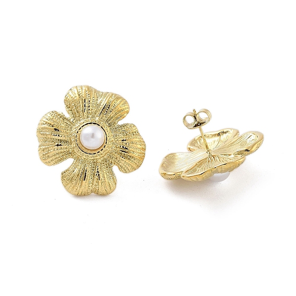 

PandaHall Flower Real 14K Gold Plated 304 Stainless Steel Stud Earrings, with Natural Shell Beads, WhiteSmoke, 25x25mm Shell Flower White