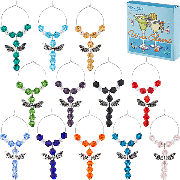 

PandaHall Glass Wine Glass Charms, with Brass Wine Glass Charm Rings and Alloy Beads, Dragonfly, Mixed Color, 60mm, 12pcs/box Glass..., Multicolor