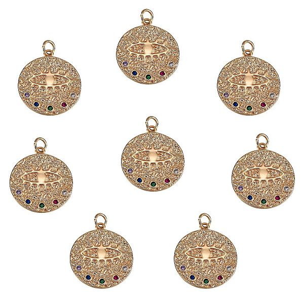

PandaHall Rack Plating Brass Micro Pave Colorful Cubic Zirconia Pendants, with Jump Rings, Nickel Free, Flat Round with Evil Eyes, Real 18K...