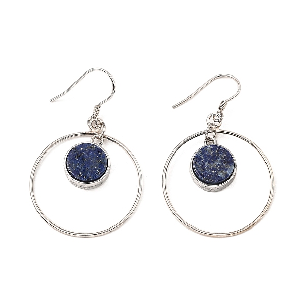 PandaHall Natural Lapis Lazuli Flat Round Dangle Earrings, Real Platinum Plated Rhodium Plated 925 Sterling Silver Earrings, 46x27.5mm Lapis...