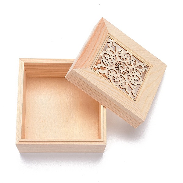 

PandaHall Square Shape Unfinished Hollow Wood Storage Box, Floral Pattern, BurlyWood, 11.9x11.9x8.75cm, 2 styles, 2pcs/style, 4pcs/set Wood..., Orange
