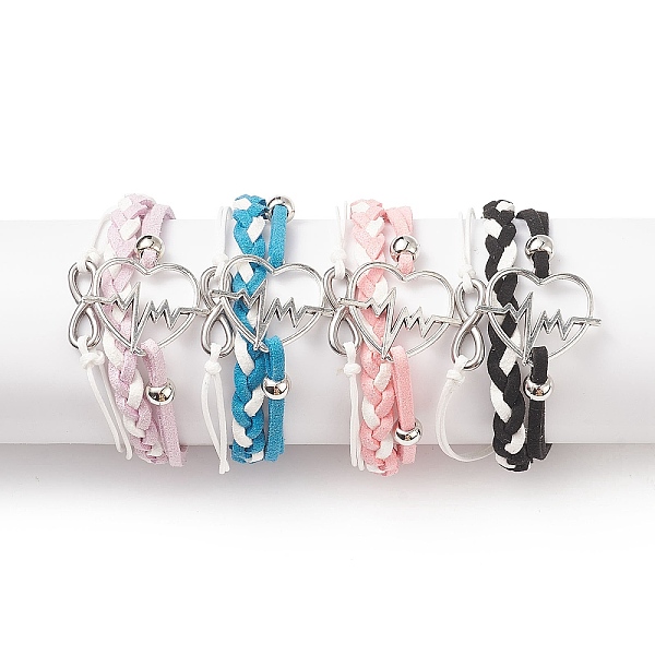 

PandaHall 4Pcs 4 Color Alloy Heart Beat & 304 Stainless Steel Infinity Links Multi-strand Bracelets Set, Faux Suede Braided Tripel Layer..., Multicolor