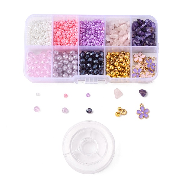 PandaHall DIY Gemstone Bracelet Making Kit, Include Glass Pearl & Seed Beads, Natural Rose Quartz & Amethyst Beads, Alloy Enamel Flower...