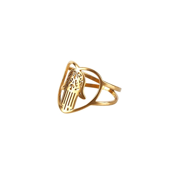 

PandaHall Stainless Steel Heart with Hamsa Hand Finger Ring, Hollow Wide Ring for Women, Golden, US Size 10(19.8mm) Stainless Steel