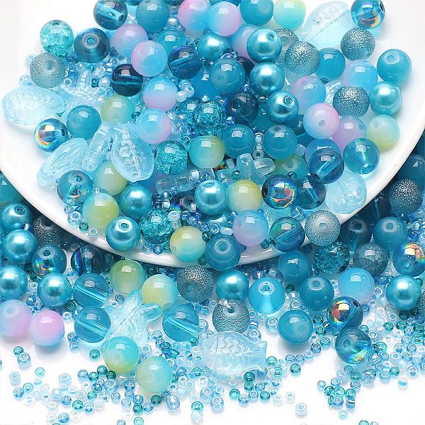 

PandaHall Glass Beads, Round & Starfish & Fish & Rondelle, Mixed Style, Sky Blue, 2~14x2~10x1~8.5mm, Hole: 0.8~1.5mm Glass Mixed Shapes