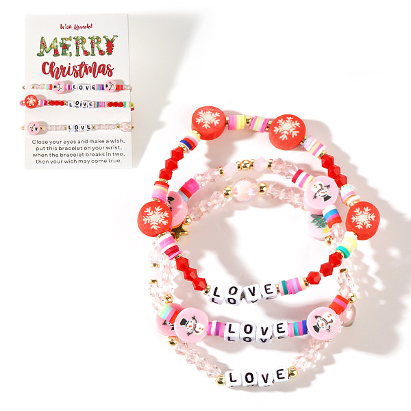 3Pcs Christmas Theme Handmade Polymer Clay & Glass Bicone Beads Stretch Bracelet Sets, with Word Love, Mixed Color, 6-7/8 inch(17.5cm)