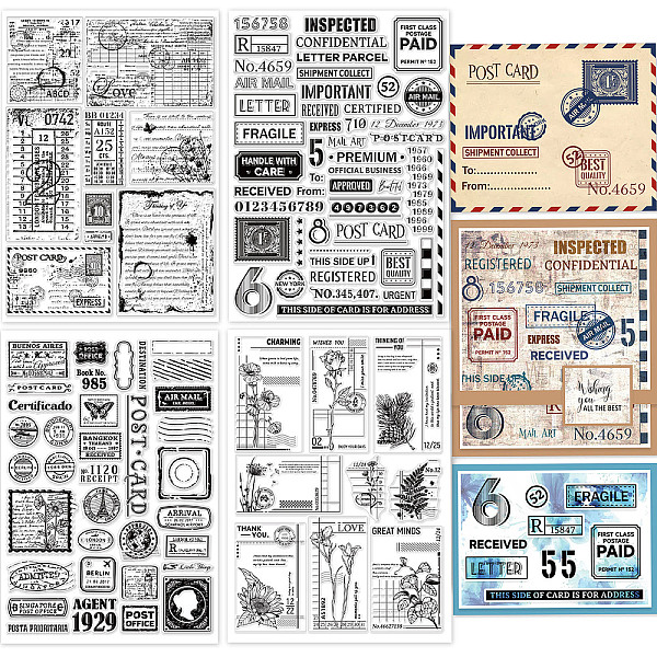 

PandaHall GLOBLELAND 4 Sheets Vintage Postage Postcard Clear Stamps for Card Making Text Background Silicone Clear Stamp Seals Transparent...