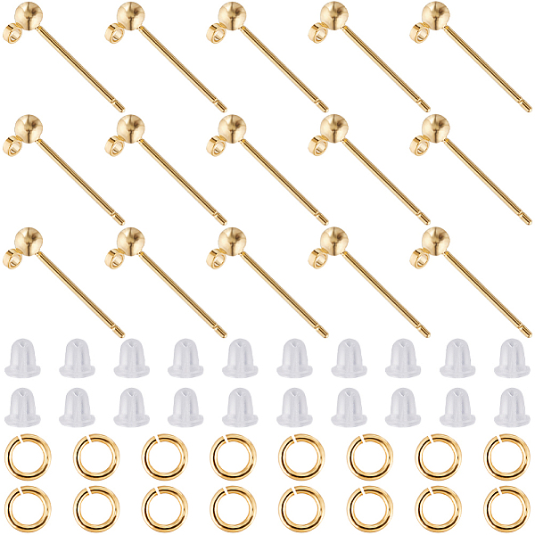 CREATCABIN 80Pcs Brass Stud Earrings Findings, Round Ball Stud Earring Post with Horizontal Loops, with 100Pcs Plastic Ear Nuts, 80Pcs Open Jump Rings, Real 18K Gold Plated, 13mm, Hole: 1.2mm, Pin: 0.7mm