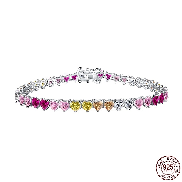 

PandaHall Rhodium Plated 925 Sterling Silver Link Chain Bracelet, Colorful Cubic Zirconia Tennes Bracelet, Heart, 7-5/8 inch(19.4cm)...