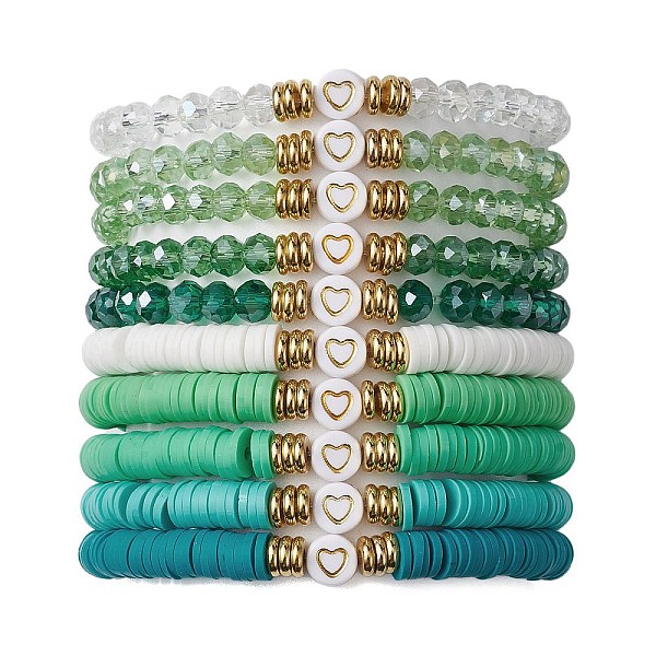 

PandaHall 10Pcs Polymer Clay Disc & Glass & Brass Beaded Stretch Bracelets Set, Heart Stackable Bracelets, Medium Sea Green, Inner Diameter...