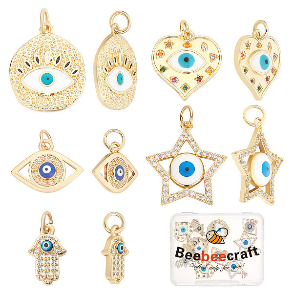 

PandaHall Beebeecraft 10Pcs/Box 5 Style Evil Eye Charms Brass Cubic Zirconia Hamsa Hand Star with Blue Enamel Eye Pendants Jewelry Making..., Multicolor