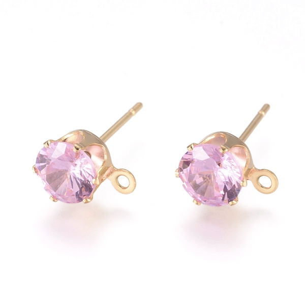 

PandaHall Brass Stud Earring Findings, with 316 Surgical Stainless Steel Pin, Cubic Zirconia and Loop, Long-Lasting Plated, Flat Round, Real..., Pink