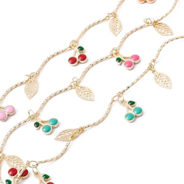 

PandaHall Handmade Eco-friendly Brass Enamel Cherry & Leaf Charms Chain, with Curved Bar Link Chains, Real 18K Gold Plated, Lead Free &...
