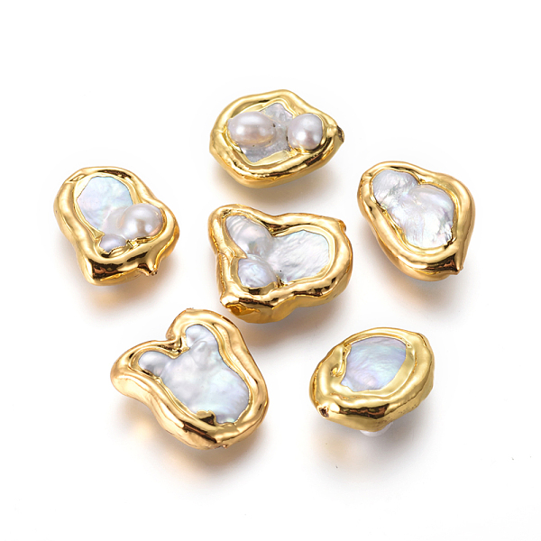 

PandaHall Natural Baroque Pearl Cultured Freshwater Pearl Beads, with Brass Findings, Nuggets, White, Golden, 17.5~23.5x16~22x8~9mm, Hole...