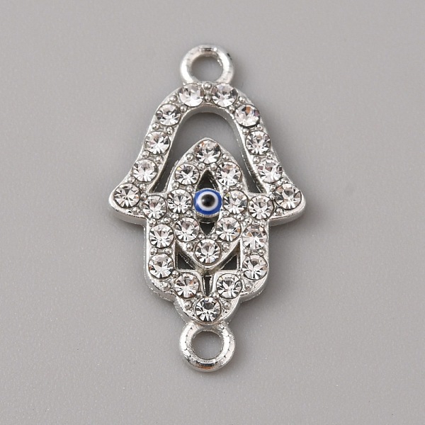 

PandaHall Alloy Enamel Evil Eye Connector Charms, with Crystal Rhinestones, Platinum, Hamsa Hand, Medium Blue, 24x14x1.8mm, Hole: 1.8mm..., Clear